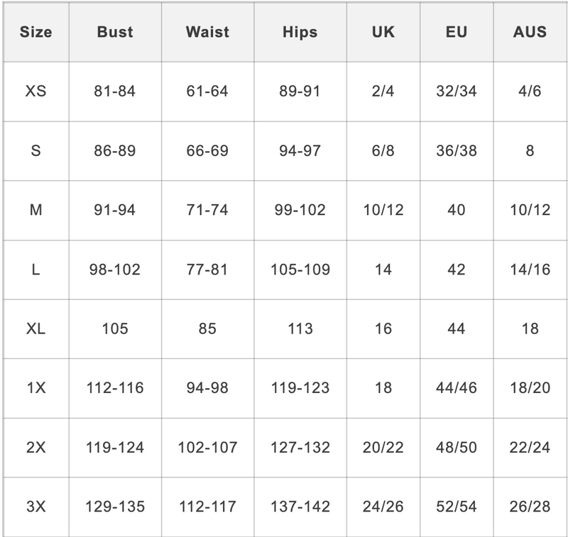 Size chart in centimeters
