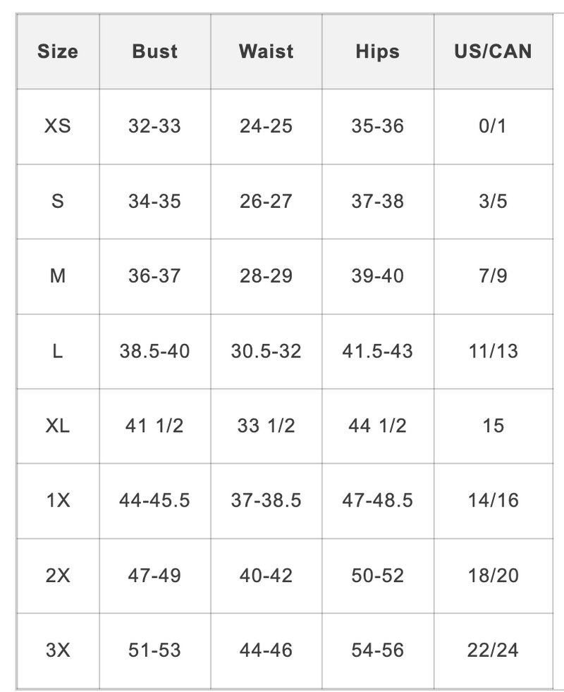 Size chart in inches