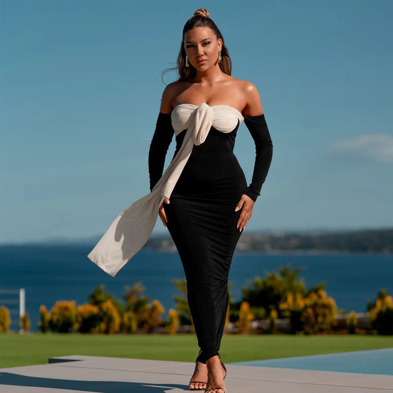 Patchwork Off-Shoulder Maxi Dress