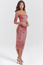 Square Collar Print Midi Dress