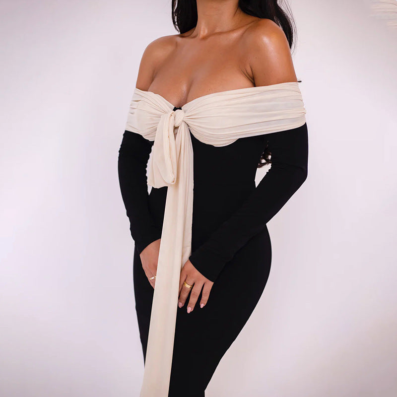 Patchwork Off-Shoulder Maxi Dress