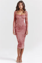 Square Collar Print Midi Dress