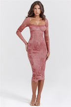 Square Collar Print Midi Dress