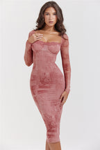 Square Collar Print Midi Dress