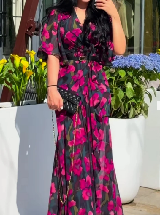 Elegant V-Neck Bell Sleeve Printed Dress