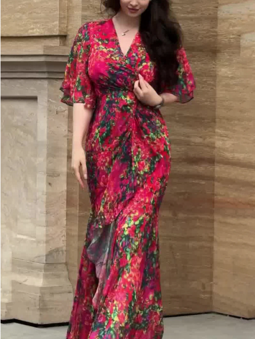 Elegant V-Neck Bell Sleeve Printed Dress