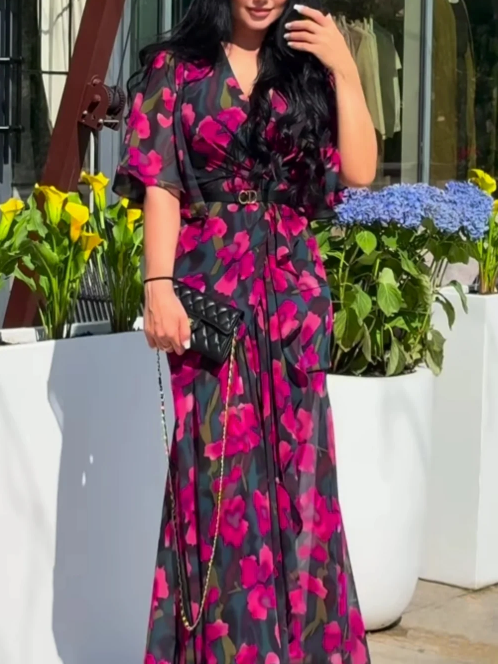 Elegant V-Neck Bell Sleeve Printed Dress