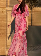 Elegant V-Neck Bell Sleeve Printed Dress
