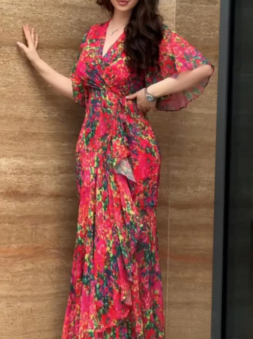 Elegant V-Neck Bell Sleeve Printed Dress