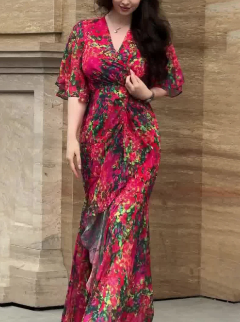 Elegant V-Neck Bell Sleeve Printed Dress
