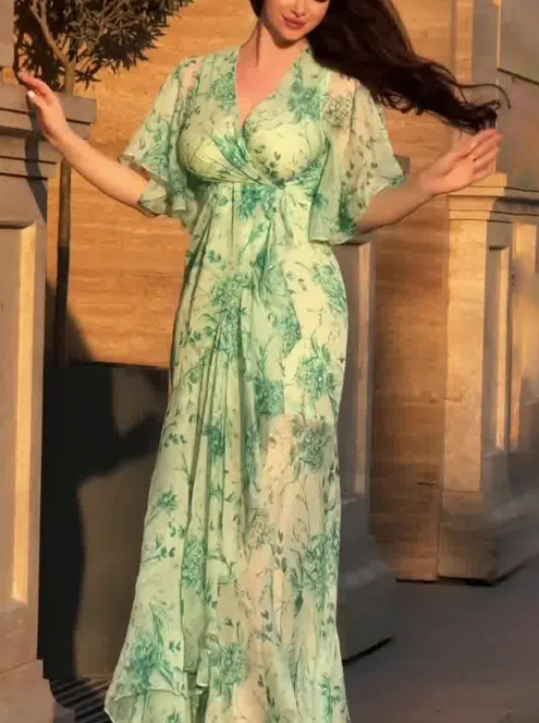 Elegant V-Neck Bell Sleeve Printed Dress