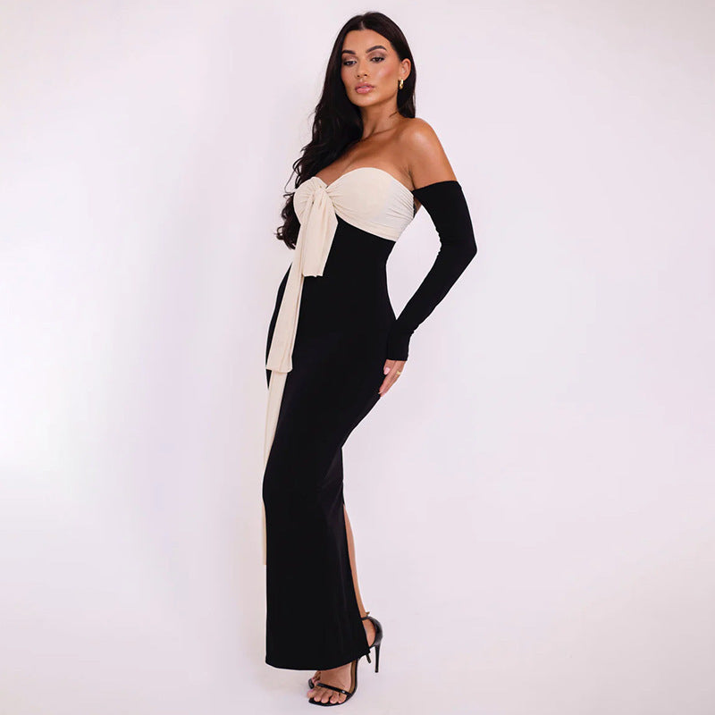 Patchwork Off-Shoulder Maxi Dress