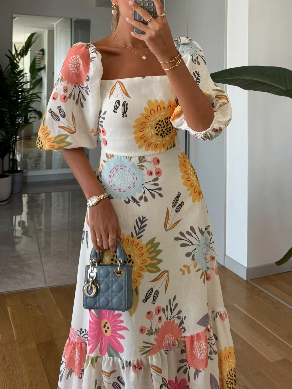 Chic Floral Print Square Neck Dress